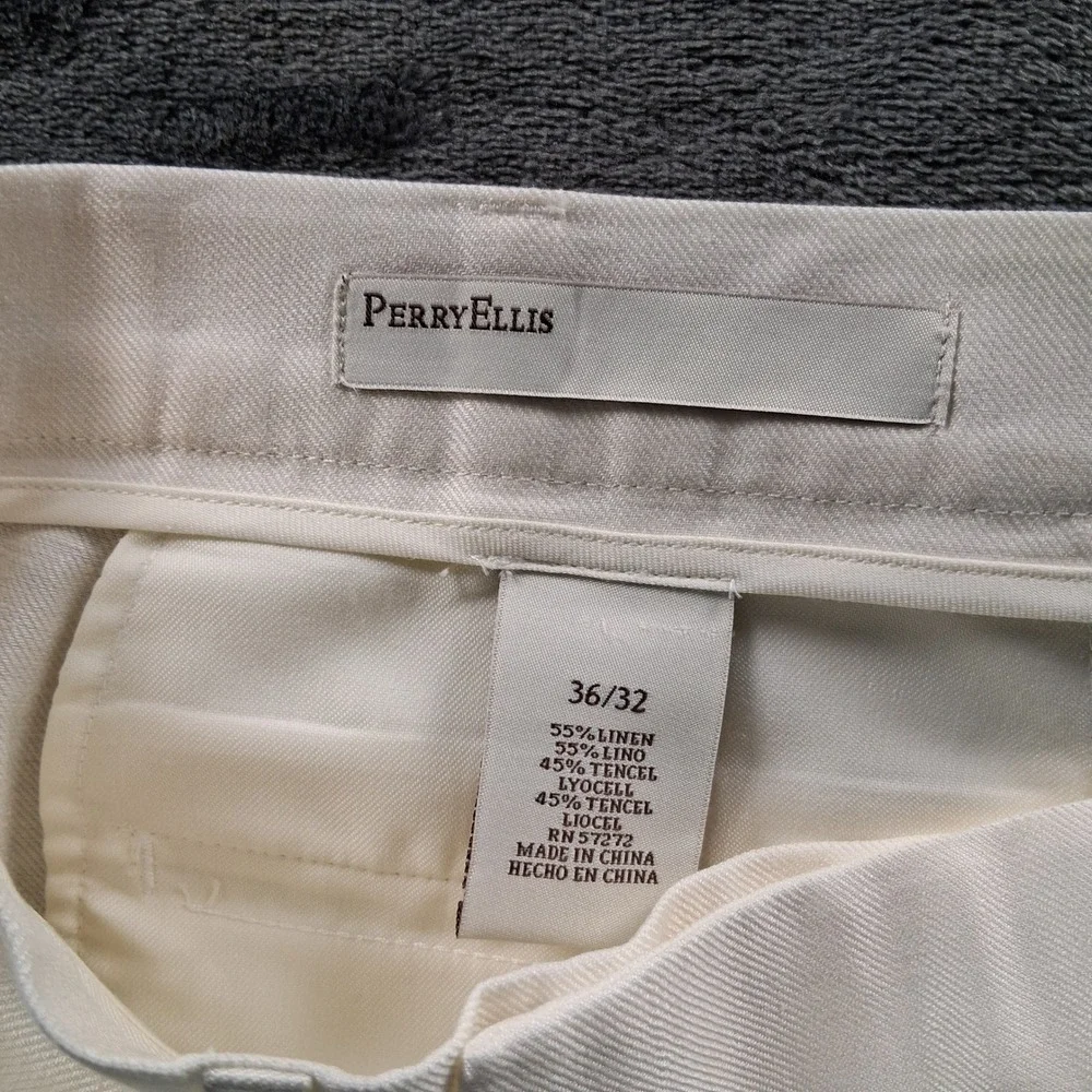 Perry Ellis Dress Pants Mens 36x32 Cream Linen Tencel Blend Flat Front Straight